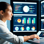 A professional female web designer wearing a smart, modest business blouse and tailored trousers, seated at a modern desk in a well-lit, futuristic design studio. Holographic user interfaces float around her, depicting evolving web layouts with subtle visual cues representing AI data analysis and voice interaction waves. The background features blurred digital screens showcasing advanced UI/UX concepts. High-resolution digital art, cinematic lighting, vibrant colors, clean design, focus on detail, perfect anatomy, correct proportions, natural pose, well-formed hands, proper finger count, natural body proportions, fully clothed, modest clothing, appropriate attire, professional dress, safe for work, appropriate content, professional.