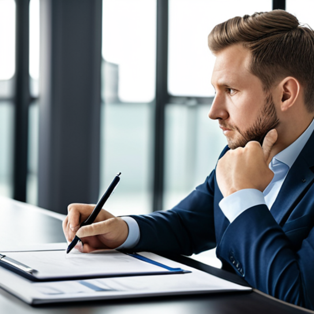 A focused professional web designer, fully clothed in modest business casual attire, engaged in thoughtful contemplation. The individual is seated at a clean, modern desk, gently holding a pen, with a proposal document or tablet displaying abstract design concepts open before them. The background is a subtly blurred contemporary office space with soft, natural light, conveying an atmosphere of strategic problem-solving. Safe for work, appropriate content, fully clothed, professional dress, perfect anatomy, correct proportions, natural pose, well-formed hands, proper finger count, natural body proportions, high quality, ultra-detailed, family-friendly.