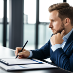 A focused professional web designer, fully clothed in modest business casual attire, engaged in thoughtful contemplation. The individual is seated at a clean, modern desk, gently holding a pen, with a proposal document or tablet displaying abstract design concepts open before them. The background is a subtly blurred contemporary office space with soft, natural light, conveying an atmosphere of strategic problem-solving. Safe for work, appropriate content, fully clothed, professional dress, perfect anatomy, correct proportions, natural pose, well-formed hands, proper finger count, natural body proportions, high quality, ultra-detailed, family-friendly.