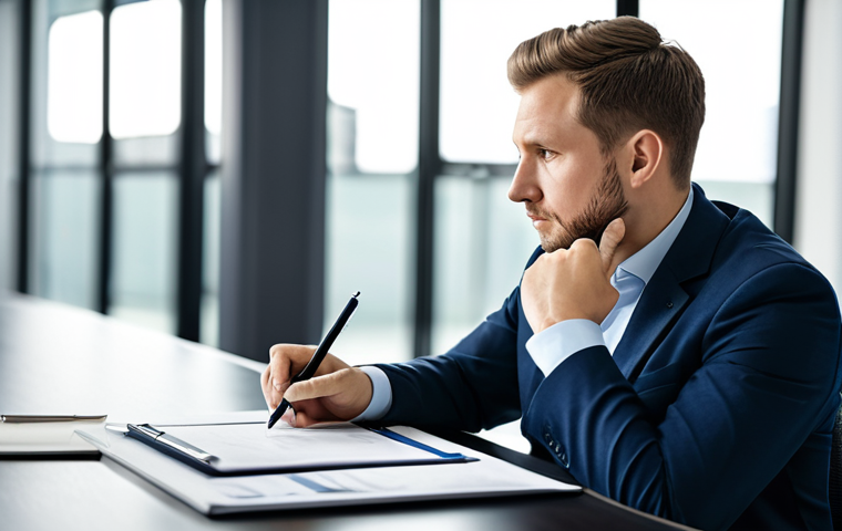 A focused professional web designer, fully clothed in modest business casual attire, engaged in thoughtful contemplation. The individual is seated at a clean, modern desk, gently holding a pen, with a proposal document or tablet displaying abstract design concepts open before them. The background is a subtly blurred contemporary office space with soft, natural light, conveying an atmosphere of strategic problem-solving. Safe for work, appropriate content, fully clothed, professional dress, perfect anatomy, correct proportions, natural pose, well-formed hands, proper finger count, natural body proportions, high quality, ultra-detailed, family-friendly.