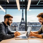 웹디자인 연봉 협상 체크포인트 - **Prompt:** A diverse group of French web designers in a vibrant, modern co-working space located in...