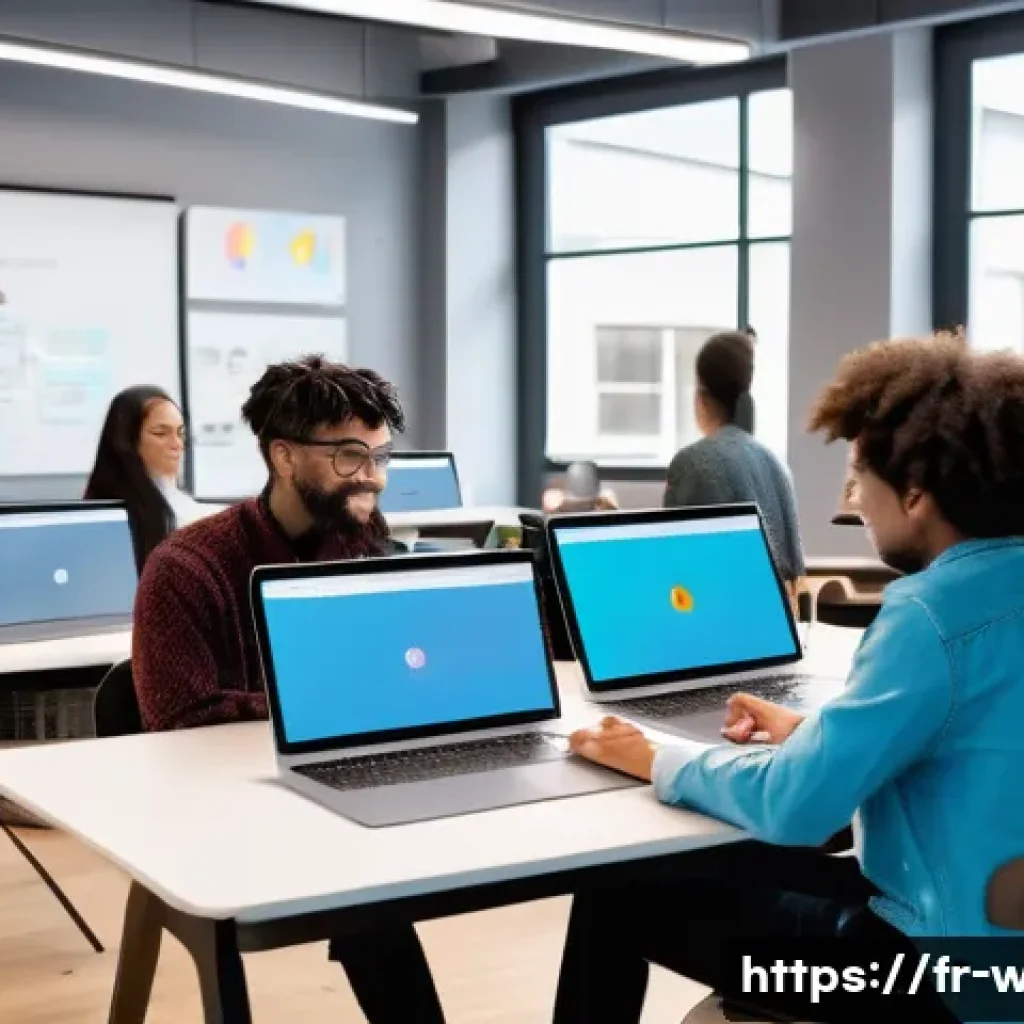 웹디자인 학원 선택 기준 - A modern classroom scene in a French design school focused on web design education, featuring divers...