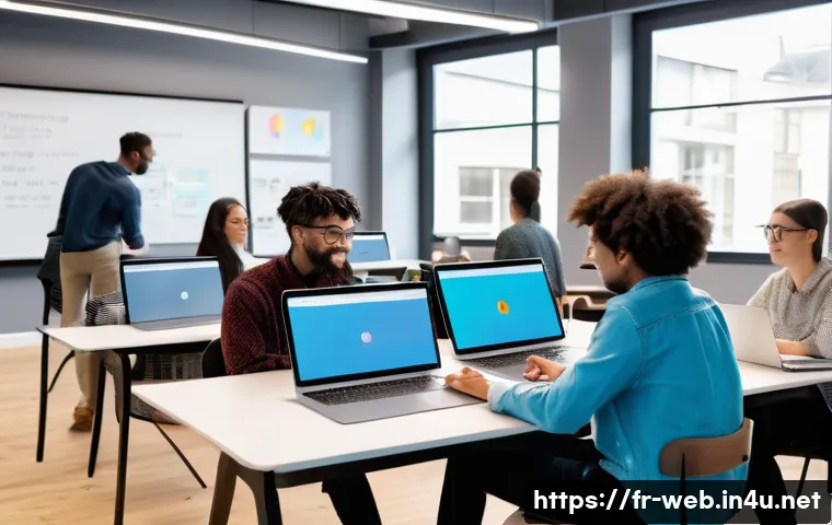 웹디자인 학원 선택 기준 - A modern classroom scene in a French design school focused on web design education, featuring divers...