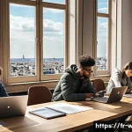 웹디자인 자격증 별 연봉 비교 - A modern French web design classroom setting at École des Gobelins, featuring young adult students a...