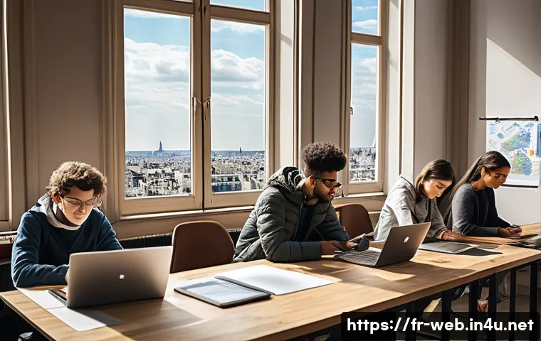 웹디자인 자격증 별 연봉 비교 - A modern French web design classroom setting at École des Gobelins, featuring young adult students a...