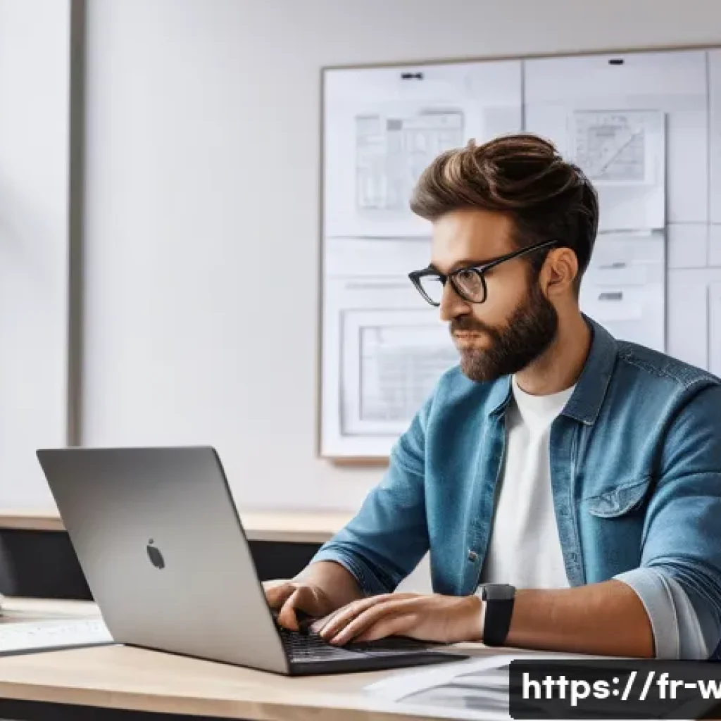 웹디자인 연봉 협상 전략 - A professional French web designer in a modern Parisian office, working on a sleek laptop with Photo...