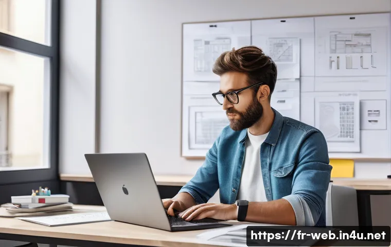 웹디자인 연봉 협상 전략 - A professional French web designer in a modern Parisian office, working on a sleek laptop with Photo...