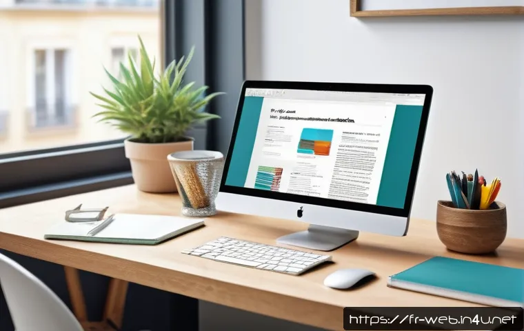 웹디자인 전문 용어 정리 - A modern web design workspace featuring a sleek computer monitor displaying a clean HTML and CSS cod...