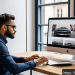 웹디자인 이론과 실무 차이 - A professional web designer at work in a modern Parisian office, surrounded by dual monitors display...