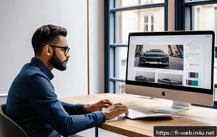 웹디자인 이론과 실무 차이 - A professional web designer at work in a modern Parisian office, surrounded by dual monitors display...