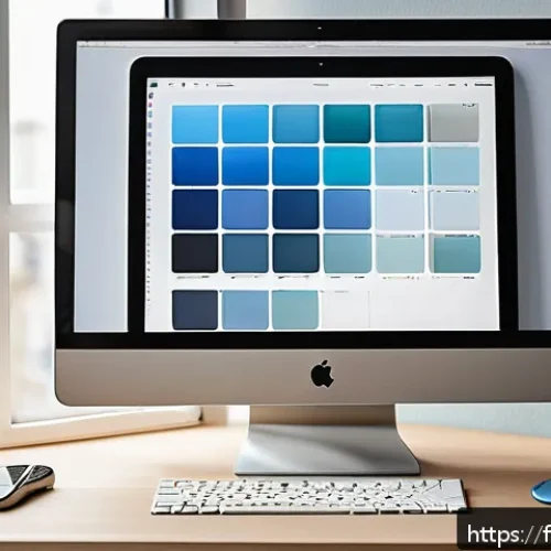 웹디자인 학습 커리큘럼 - A modern web designer’s workspace showcasing a sleek computer screen displaying a soft, natural colo...