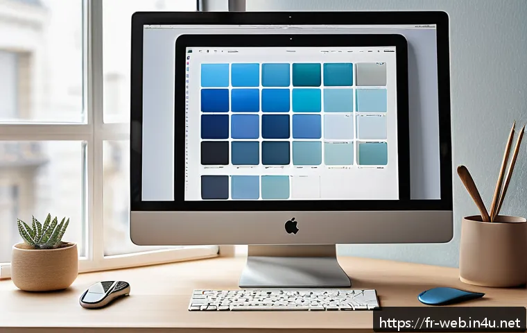 웹디자인 학습 커리큘럼 - A modern web designer’s workspace showcasing a sleek computer screen displaying a soft, natural colo...