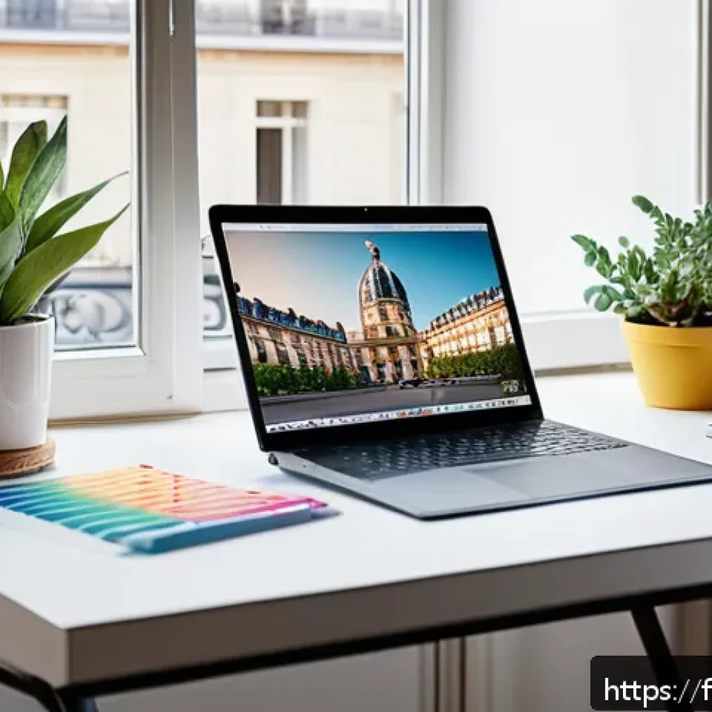 웹디자인 자격증 난이도 분석 - A modern French web designer’s workspace in a bright Parisian apartment, featuring a sleek laptop di...