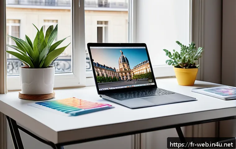 웹디자인 자격증 난이도 분석 - A modern French web designer’s workspace in a bright Parisian apartment, featuring a sleek laptop di...