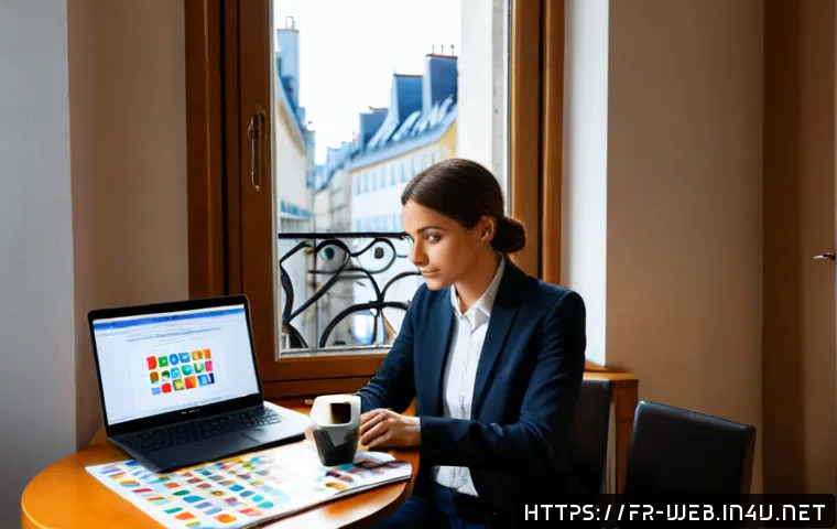 Home 17 웹디자인 해외 취업 준비 - Photorealistic French web designer preparing for an international job interview, seated at a clean P...